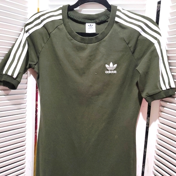 ADIDAS 3 STRIPE OLIVE GREEN LOGO BODYCON DRESS SZSML - Picture 2 of 10